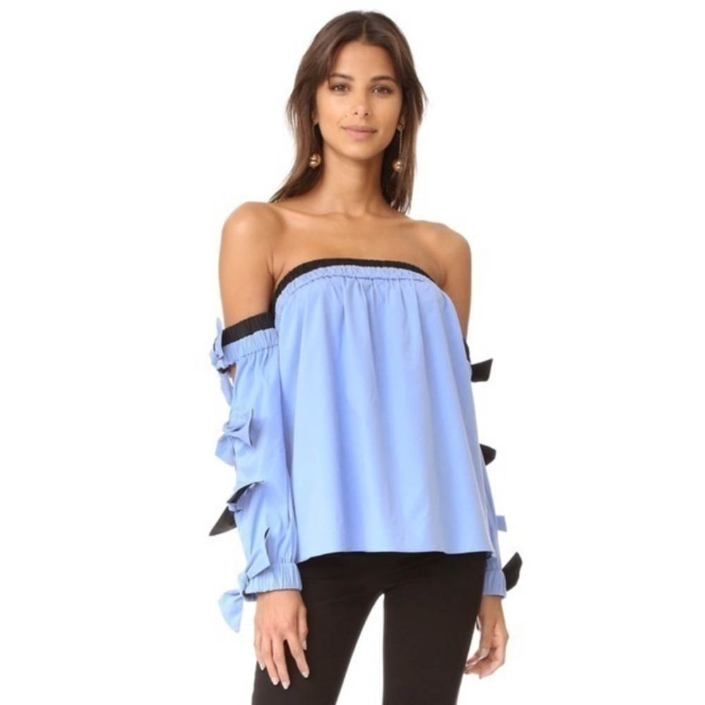 Milly Off The Shoulder Bow Tie Detail Top In‎ Blue And Black Size Small